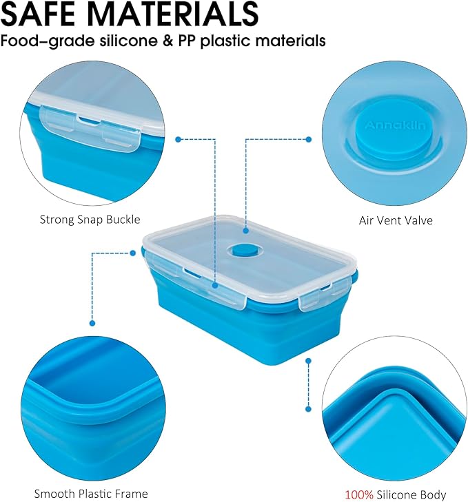 Collapsible Food Storage Containers with Lids, 4 Pack, 40 oz Silicone 1-Compartment Meal Prep Containers Reusable, Lunch Bento Boxes for Adults, Microwave Freezer Dishwasher Safe, BPA-Free, Blue