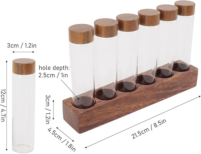 Coffee Bean Storage Tubes Single Dose, 6PCS or 12PCS Coffee Bean Cellar, Dosing Glass Vials with Lids, Wooden Display Stand and Funnel, Airtight Sealed Glass Canister Jars Tubes