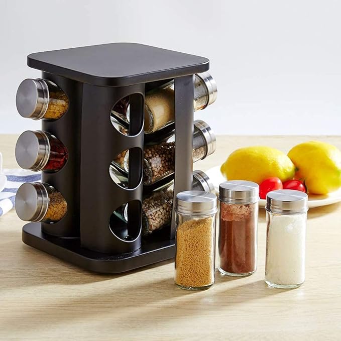TINMIX Revolving Spice Rack Organizer with 12 Jars, Countertop Spice Seasoning Rack Tower with 12 Glass Jar Bottles Refillable for Kitchen Cabinet, Stainless Steel, Black
