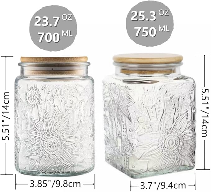 Vintage Glass Jar Canister, 25.3 OZ Glass Food Storage, Decorative Sunflower Jar for Coffee, Tea, Candy & Sugar