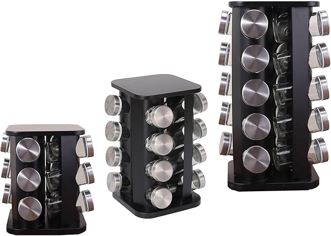 Spice Rack, Spice Rack Organizers for Countertop, Rotating Countertop Spice Rack, Revolving Spice Rack for Kitchen, Kitchen Gadgets, Organizer Rack with Spice Jars (Black, SquareHead_16Jars)