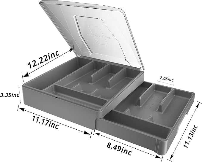 Double Layer Silverware Organizer with Lid, Utensil Holder with Cover, Flatware Cutlery Storage Oranizer, Gray