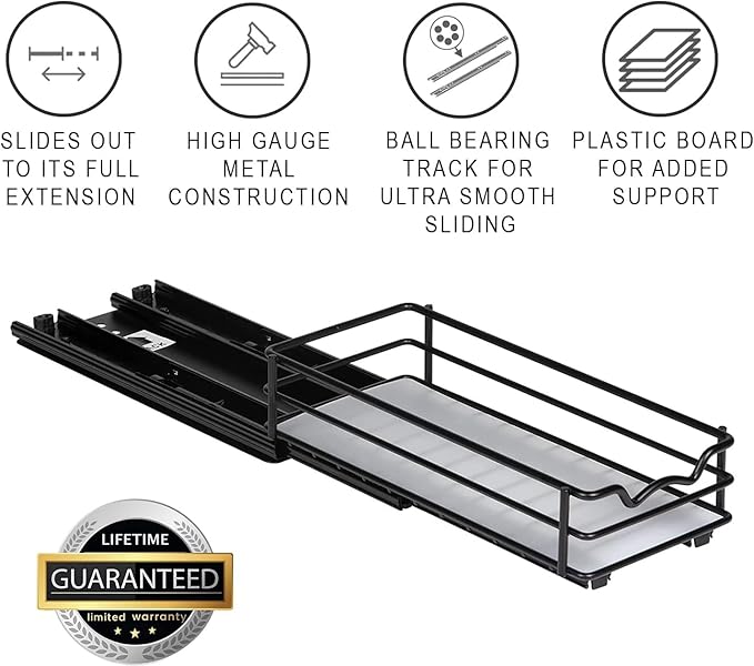 Pull Out Cabinet Organizer for Spices, Cans - Heavy Duty with Lifetime Limited Warranty- Pull Out Spice Rack- Cabinet Pull Out Shelf for Cans,Dishes, Etc, 4-1/2"W x 10-1/2"D x 2-3/4”H, Black