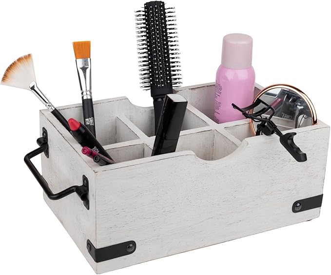 GoCraft 6-Compartment Wooden Flatware Caddy – Versatile Organizer for Kitchen Utensils, Silverware, Condiments, Craft Supplies, Makeup Brushes – Whitewashed Mango Wood with Sturdy Metal Handles