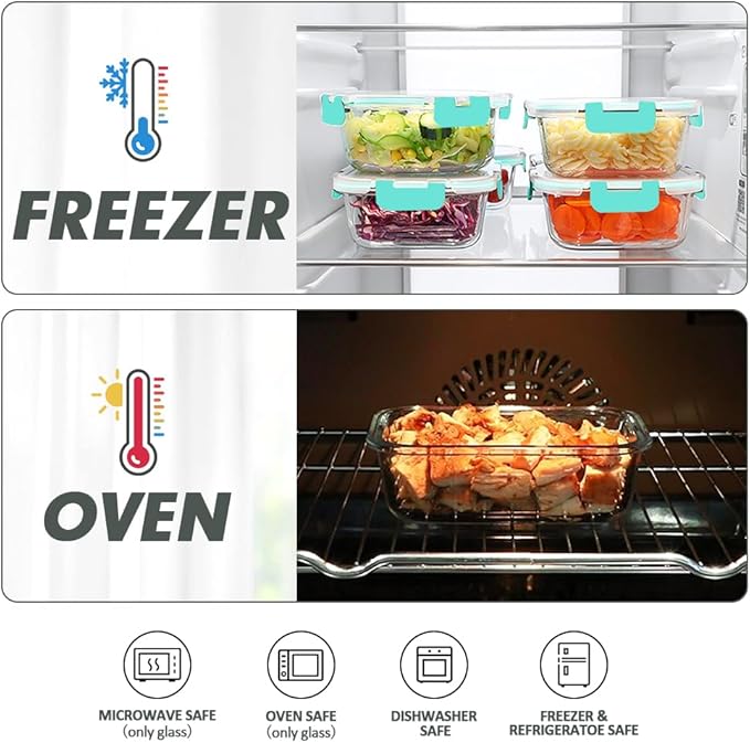 VERONES 24 Pieces Glass Food Storage Containers Set, Airtight Glass Lunch Containers, Glass Meal Prep Containers with Lids,Exclusive of BPA, for Microwave, Oven, Freezer & Dishwasher Friendly,Green