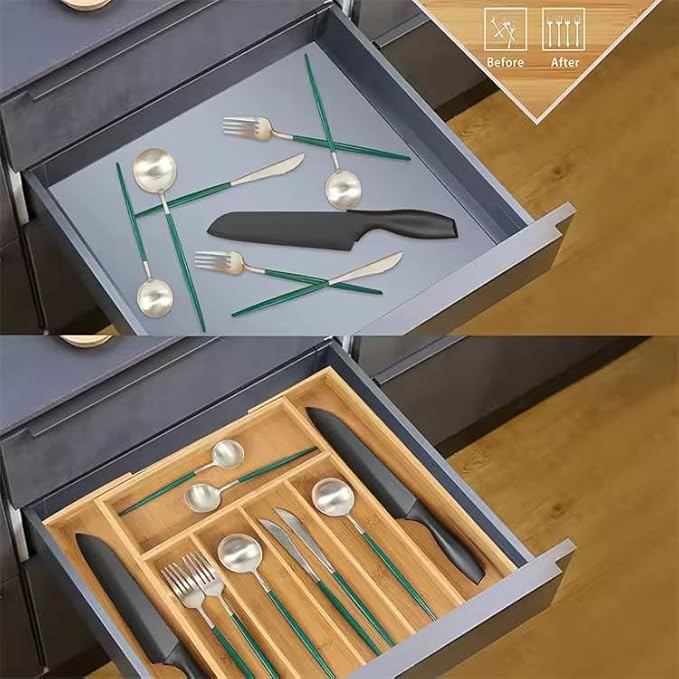 Bamboo Silverware Drawer Organizer Kitchen Utensil Holder -Expandable Cutlery Drawer Organizer with Dividers for Flatware, Storage Organizer (7 Slots)
