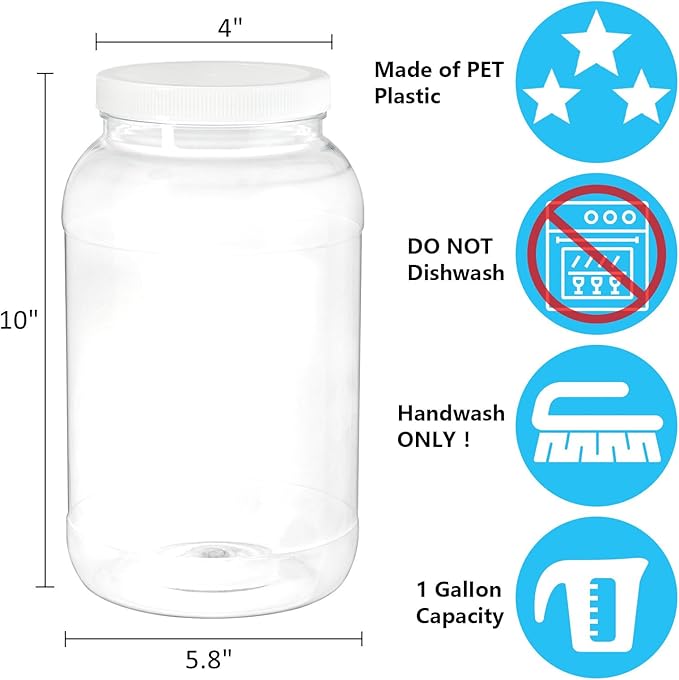 ZOOFOX 2 Pack Plastic Jars with Lids, 1 Gallon Wide Mouth Storage Containers, Empty Plastic Jars for Kitchen & Household Storage of Dry Goods, Peanut, Candy, Noodles