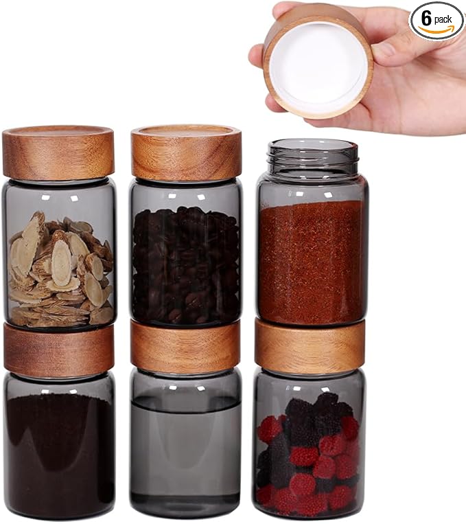 SAIOOL 6 Pcs Small Grey Glass Spice Jars with Label,High Sealing Threaded Mouth, 8.79oz /260ml*6,Empty Cylinder Spices Bottles,Storage Jars with Airtight Screw Lids,Retro Style