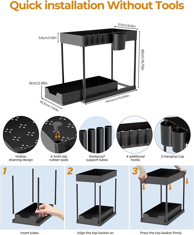 2 Pack Under Sink Organizers and Storage Bathroom, 2 Tier Under Sliding Kicthen Cabinet Basket Organizer with Hooks, Hanging Cup, Dividers, Handles, Multi-purpose Under Sink Shelf Organizer, Black