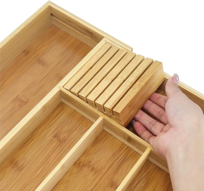 Bamboo Silverware Cutlery Drawer Organizer with Knife Blocks -Expandable Drawer Organizer with Dividers for Kitchen Utensil & Flatware Organizer (7 Slots)