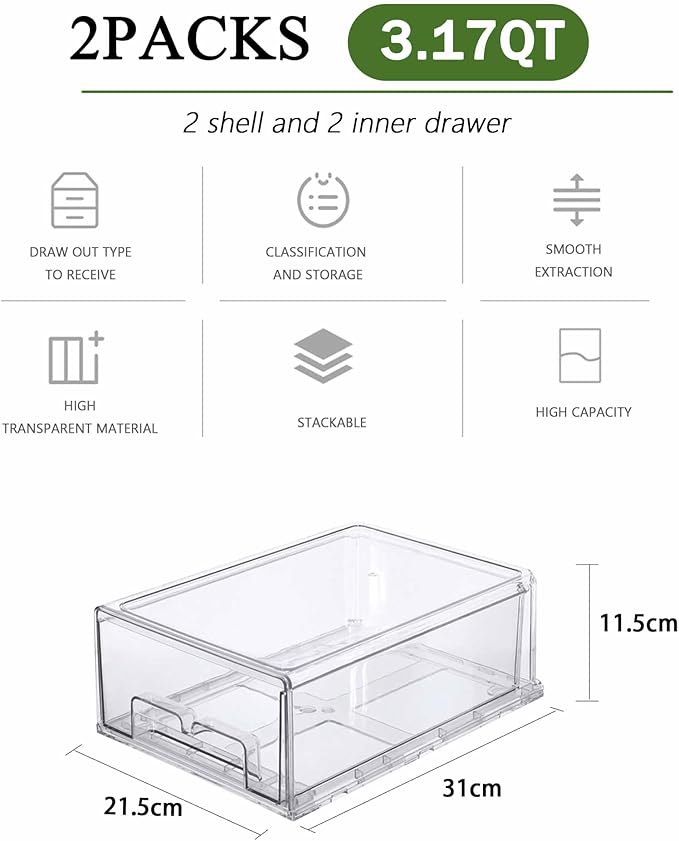 2 Pack Stackable Clear Storage Drawer,Refrigerator Organizers and Storage Drawer Pull Out Drawer for Fridge Kitchen Bathroom Cabinet Closet Office Clear