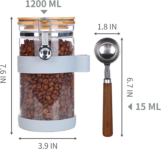 KKC HOME ACCENTS Airtight Clear Glass Coffee Bean Storage Container with Scoop,Glass Sealed Jar Canister with Bamboo Clamp Lid for Ground Coffee,Loose Tea,Brown Sugar,Nut,40 Fluid Ounce