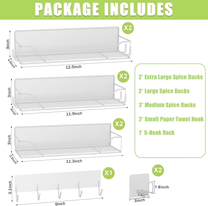 Magnetic Spice Rack for Refrigerator, 9 Pack Magnetic Fridge Shelves W/Adjustable Paper Towel Holder, Hook Rack, Moveable Spice Organizer Shelf for Kitchen Organization and Storage (White)