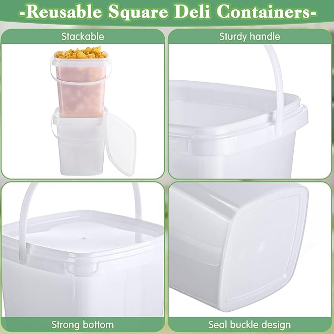 Mifoci 24 Pcs Plastic Food Containers Ice Cream Buckets with Lids and Handle Reusable Square Deli Containers Freezer and Microwave Safe for Kitchen Food Drinks Storage(101 Oz / 3.1 Qt / 0.79 Gallon)