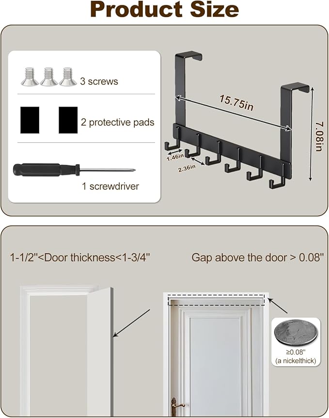 2 Pack Over The Door Hooks, Sturdy Door Hanger, Large Over The Door Towel Rack with 6 Hooks, Heavy Duty Easy to Install, for Bathroom, Bedroom,Kitchen,Hanging Towels, Coats (Black).