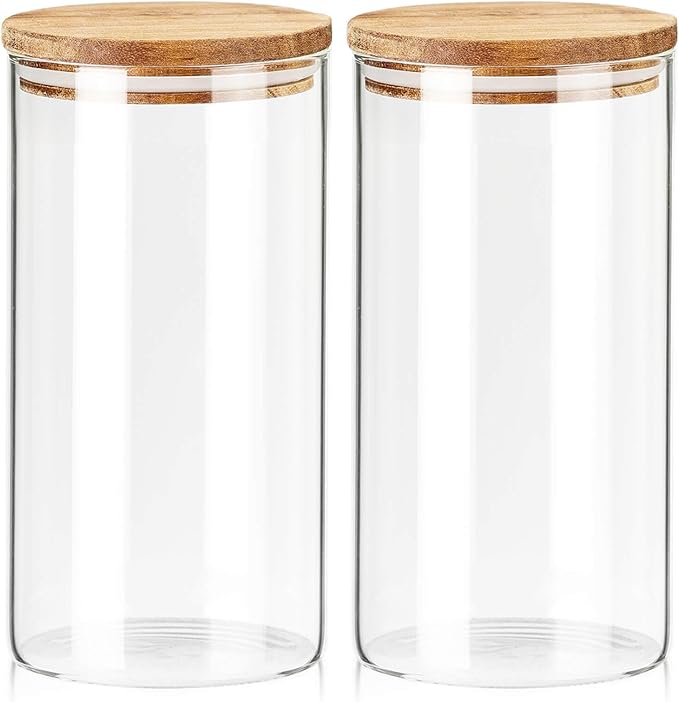 Labina Glass Storage Container Airtight Food Jars Kitchen Canister with Wood Lids, 40 Oz Wide Mouth Pantry Organization Glass Jar for Flour, Sugar, Cookie, Spagetti, Candy and Nuts (2 Pack)