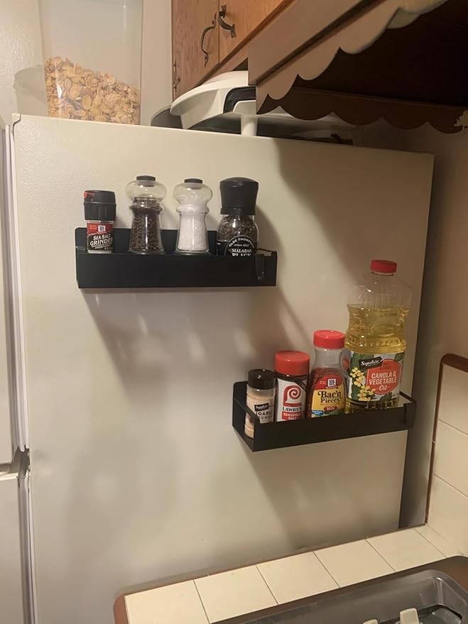 maytopia Magnetic Spice Rack Organizer for Refrigerator, 4 Pack Metal Strong Magnetic Shelf for Fridge with 4 Hooks, Small Black Spice Rack for Home Kitchen Cabinet Oven and Laundry Room Storage