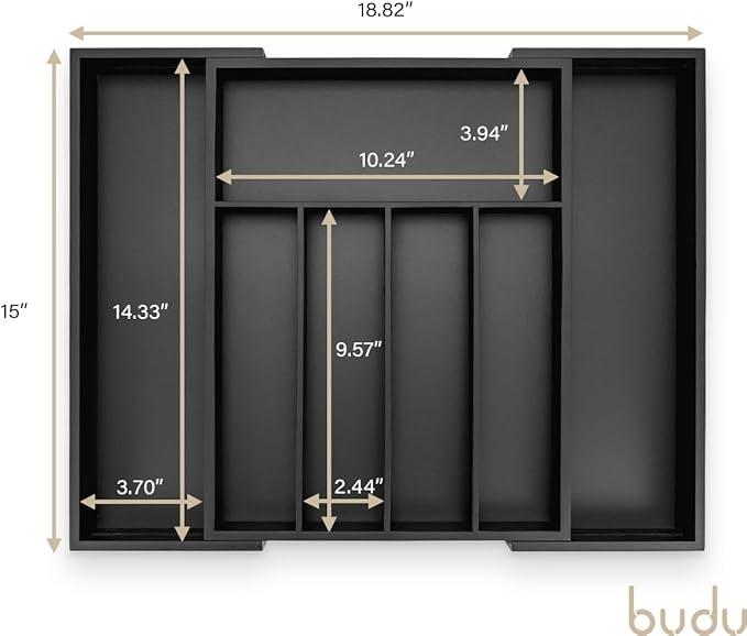 budu Silverware Drawer Organizer #15.0" Depth – Black - Utensil Holder, Kitchen Drawer Organizers for Flatware, Cutlery – Perfect Utensil Organizer for Silverware & Other Kitchen Organization Tools