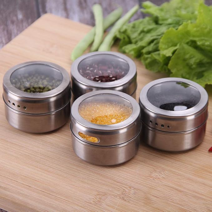 12 Powerful Magnetic Spice Tins- Stainless Steel Spice Storage Containers, Kitchen Spice Jars with Clear Lid with Sift & Pour, Rack Magnetic on Fridge, 120 Spice Labels