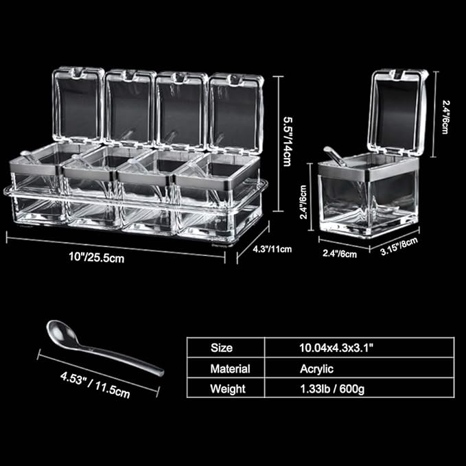 Seasoning Box Stainless 304 Steel Edge, Seasoning Rack Spice Pots, Storage Container Condiment Jars, 4 Piece Clear Acrylic Cruet with Cover and Spoon