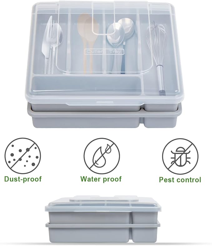 Silverware Holder with Lid, Double Layer Utensil Tray with Cover Large Flatware Organizer Plastic Cutlery Container for Kitchen Drawer Countertop 10 Compartments, Grey