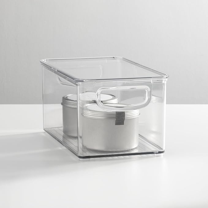 mDesign Plastic Deep Storage Bin Box Container with Lid and Built-In Handles - Organization for Fruit, Snacks, or Food in Kitchen Pantry, Cabinet, or Cupboard, Ligne Collection, 8 Pack, Clear