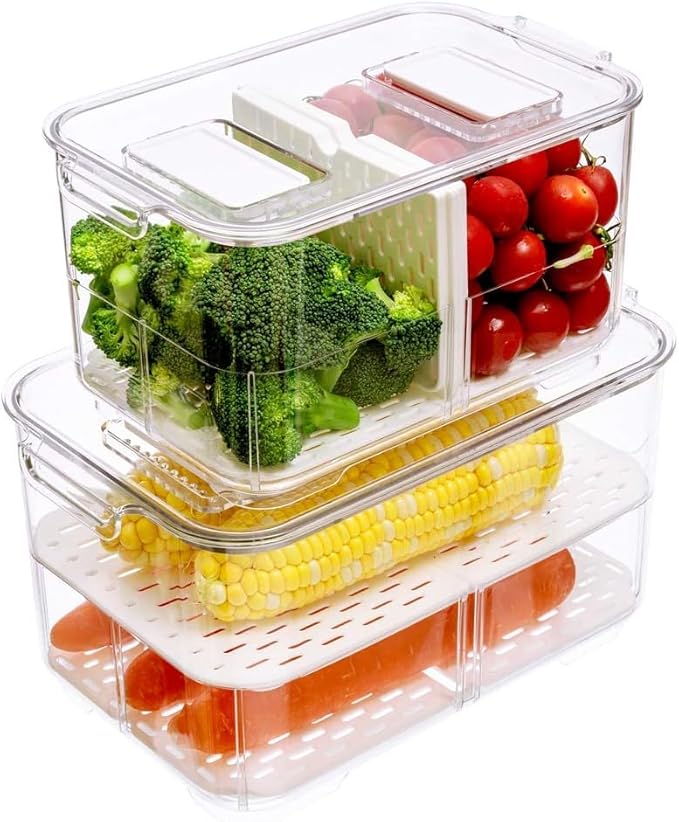 Refrigerator Organizer Bins, Stackable Freezer Lettuce Keeper with Lids and Removable Drain Tray Food Storage Containers for Fridge Freezer Cabinet Kitchen Organization - 4 Pack