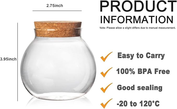 Set of 2 round glass jars with cork lid – 17oz wedding candy jar kitchen Storage jar, perfect for tea, biscuits, cereals, flour, beans, spices, coffee beans etc (2PCS)