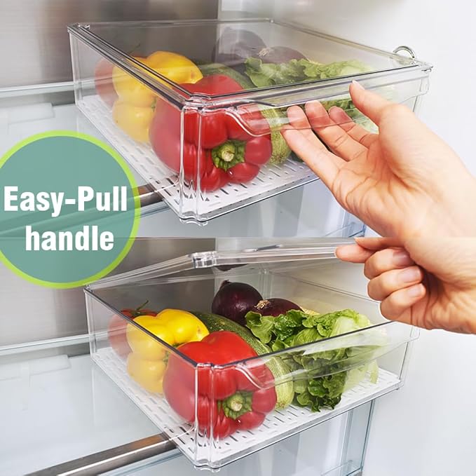 Stackable Refrigerator Organizer Bins with Lids, Fridge Organization and Storage Containers, BPA-Free Plastic Pantry Bins for Fruits, Vegetable, Drinks With Drain Tray, Set Of 10