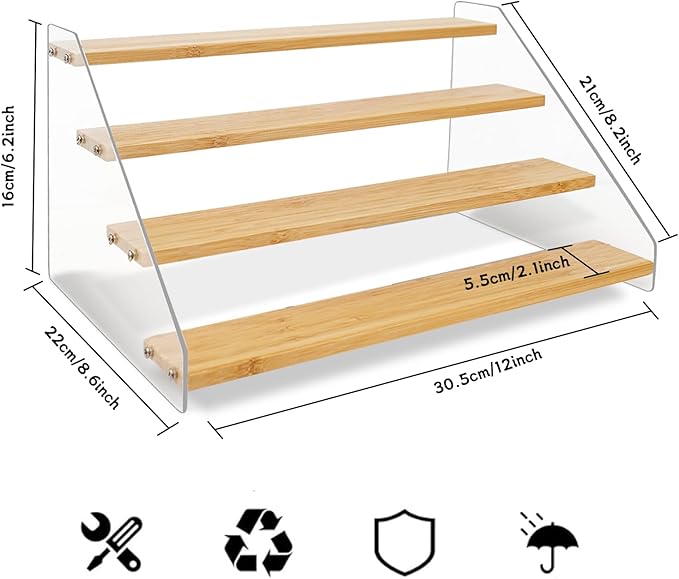12“ Spice Rack Organizer for Cabinet - Wooden 4 Tier Display Stand - Space Saving Display Shelf Riser for Perfume Cologne Cupcake Collectibles Figurine