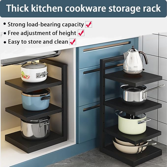 Adjustable 3-4 Tier Pots and Pans Organizer Rack - Heavy Duty 21” Cabinet Storage Solution for Kitchen, Snap-on Pan Organizer with Panels (Three Layers)