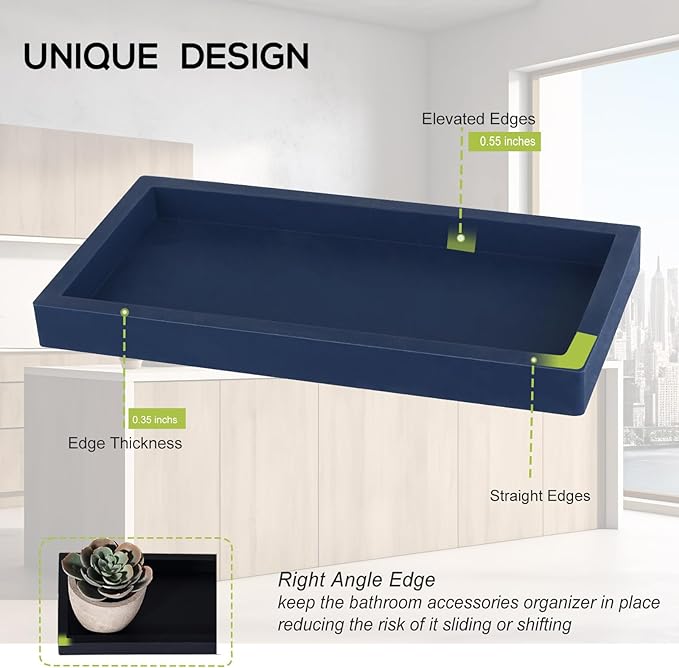 Small Silicone Bathroom Vanity Tray Rectangle Soap and Sponge Holder Kitchen Sink Organizer for Scrubber, Lotion Bottles, Perfume, Jewelry, Candle, Key Trinket Ring, Dark Blue