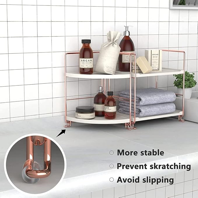2-Tier Bathroom Countertop Organizer - Vanity Tray Cosmetic & Makeup Storage- Kitchen Spice Rack Standing Shelf - Corner Storage Shelf, Rose Gold