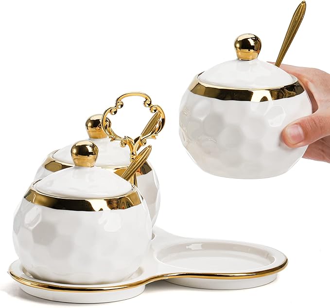 ZENFUN Set of 3 Ceramic Condiment Pots with Trays, Condiment Jars Containers with Lids and Spoons, Porcelain Sugar Salt Bowls Set, White Spice Seasoning Box for Kitchen, Restaurant, Counter, Home