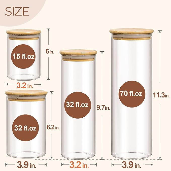 ComSaf Glass Food Storage Jars Set of 6, Clear Glass Storage Containers with Lids, Canisters Sets for the kitchen, Spaghetti, Pasta, Flour, Nuts, Oat, Coffee and Sugar Container, Pantry Organization
