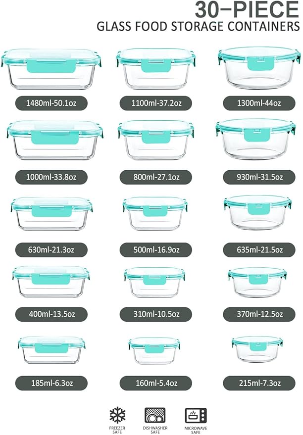 M MCIRCO 30 Pieces Glass Food Storage Containers with Upgraded Snap Locking Lids,Glass Meal Prep Set - Airtight Lunch Containers, Microwave, Oven, Freezer and Dishwasher Friendly (Green)