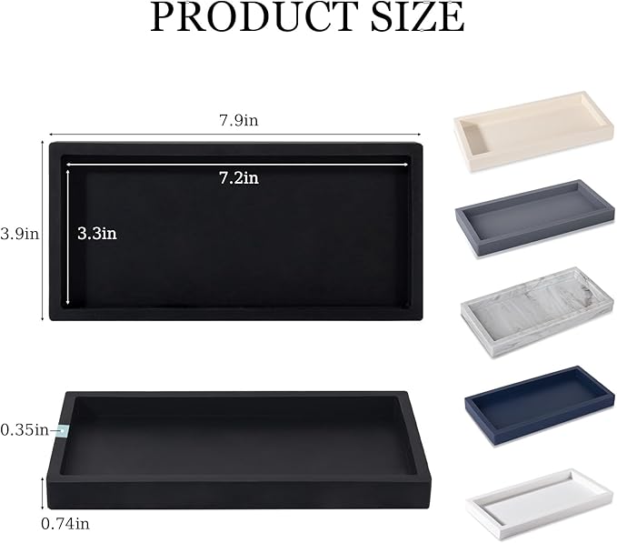 Small Silicone Bathroom Vanity Tray Rectangle Soap and Sponge Holder Kitchen Sink Organizer for Scrubber, Lotion Bottles, Perfume, Jewelry, Candle, Key Trinket Ring, Black