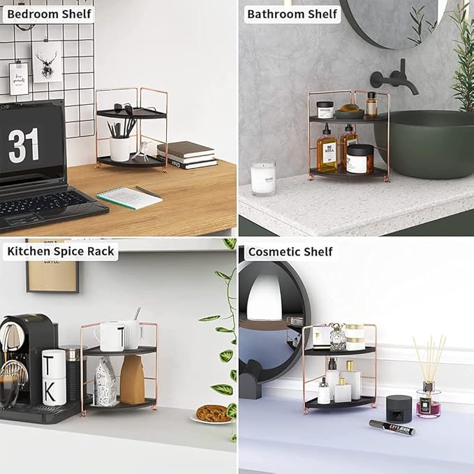 Kitchen Spice Rack Standing Shelf, 2-Tier Corner Storage Shelf, Bathroom Countertop Organizer, Vanity Tray Cosmetic & Makeup Storage,Rose Gold&Black
