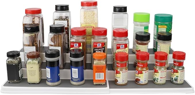 Home Basics 3-Tiered Plastic Expandable Spice Rack with Silicone Lined Anti-Slip Tiers, (White) Adjustable Length Kitchen Organizer for Cabinet, Pantry or Countertop