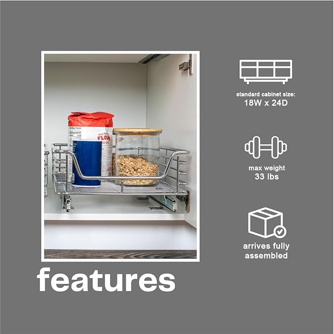 Household Essentials Glidez Chrome-Plated Steel Extended Depth 1-Tier Sliding Under Sink Cabinet Organizer, Chrome