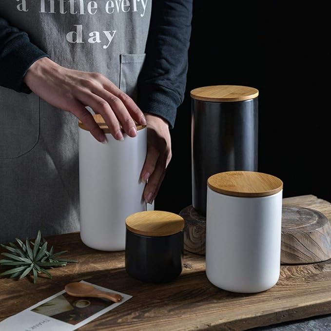 YYW Ceramic Jar with Lid, Kitchen Canisters Set with Airtight Seal Bamboo Lid, Black White Food Storage Canister for Tea, Coffee Bean, Sugar, Flour (Black:three piece)