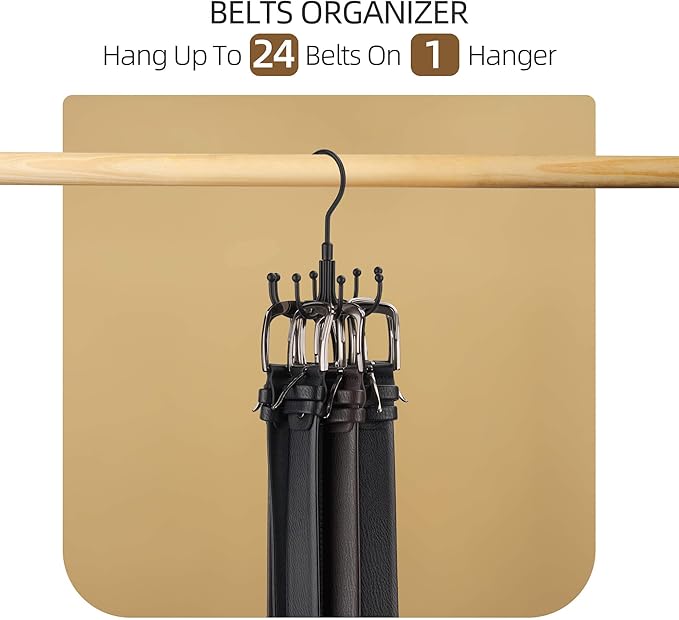 ZEDODIER Belt Hanger, Rotatable Belt Rack Closet Accessories Organizer, Maximum 24 Storage Capacity, Hanging Holder Storage Hook for Belt, Bra, Tank Top, Tie, Scarf, Purse, Black