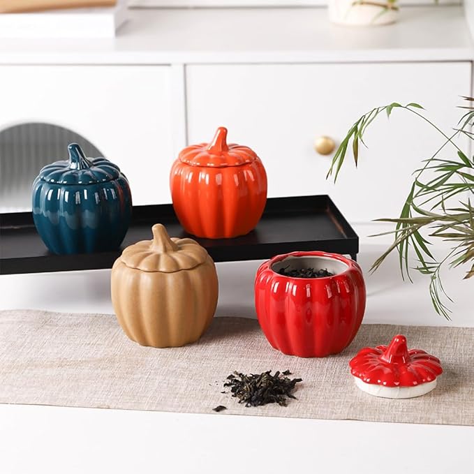 WAIT FLY Pumpkin Shape Airtight Ceramic Canister Tea Canister Tea Storage Food Storage Jar for Tea, Coffee, Spices, Sugar, Cookies, Pickle, Cereals-Orange-10 OZ
