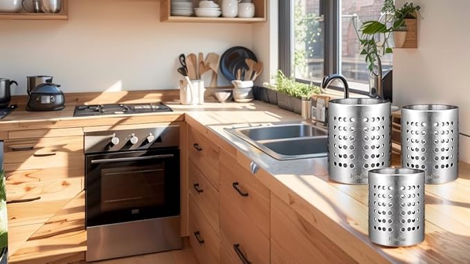 KSENDALO Kitchen Stainless Steel Utensil Holder, 18/10(304) Heavy Thick Utility Sturdy Silverware Drying Holder for Kitchen Home and Office, 7.3 Oz, Diameter 4.33"(M)