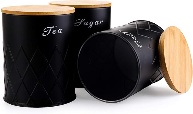 Fasmov 3 Pack Kitchen Canister Set, Coffee, Sugar, and Tea Storage Container Jars with Bamboo Lids for storing Sugar, Coffee and Tea, Black