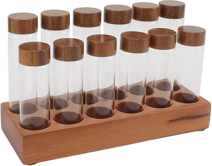 Coffee Bean Storage Tubes Single Dose, 6PCS or 12PCS Coffee Bean Cellar, Dosing Glass Vials with Lids, Wooden Display Stand and Funnel, Airtight Sealed Glass Canister Jars Tubes