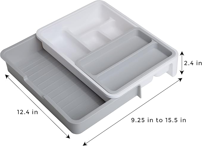 Smart Design 7 Compartment Expandable Drawer Organizer - Sliding Tray - BPA Free - Utensils, Flatware, Office, Personal Care, or Makeup Storage - Kitchen - White with Gray