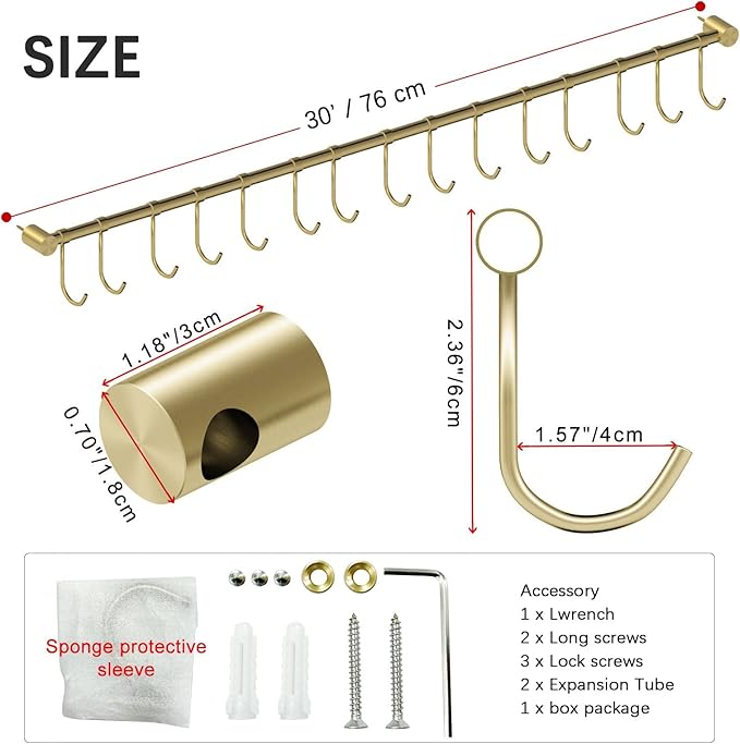304 Stainless Steel Kitchen Utensil Hanger - 30 Inch Wall Mount with 15 Noiseless Sliding Hooks, Pots and Pans Hanging Rack, Organizer Storage Perfect for Organizing Cooking Tools, Golden