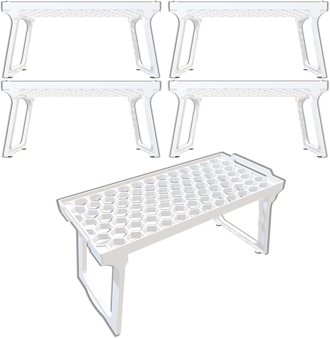 ums Kitchen Cabinet Shelf Organizers, White Plastic Stackable Freezer Rack, Shelf Riser, Usable Storage Rack for Your Spice, Refrigerator, Pantry (12 X 5.5 inch) Fridge Shelf Riser Pack of 4