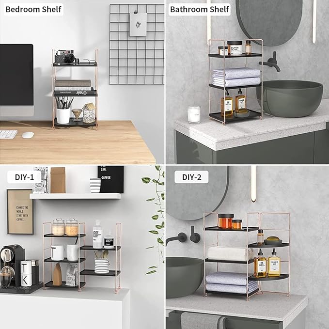Plastic/Metal Freestanding Stackable Organizer Shelf,Bathroom Countertop Storage Shelf Cosmetic Organizer Holder Kitchen Spice Rack,3-Tier Standing Rack (Rose Gold@Black)